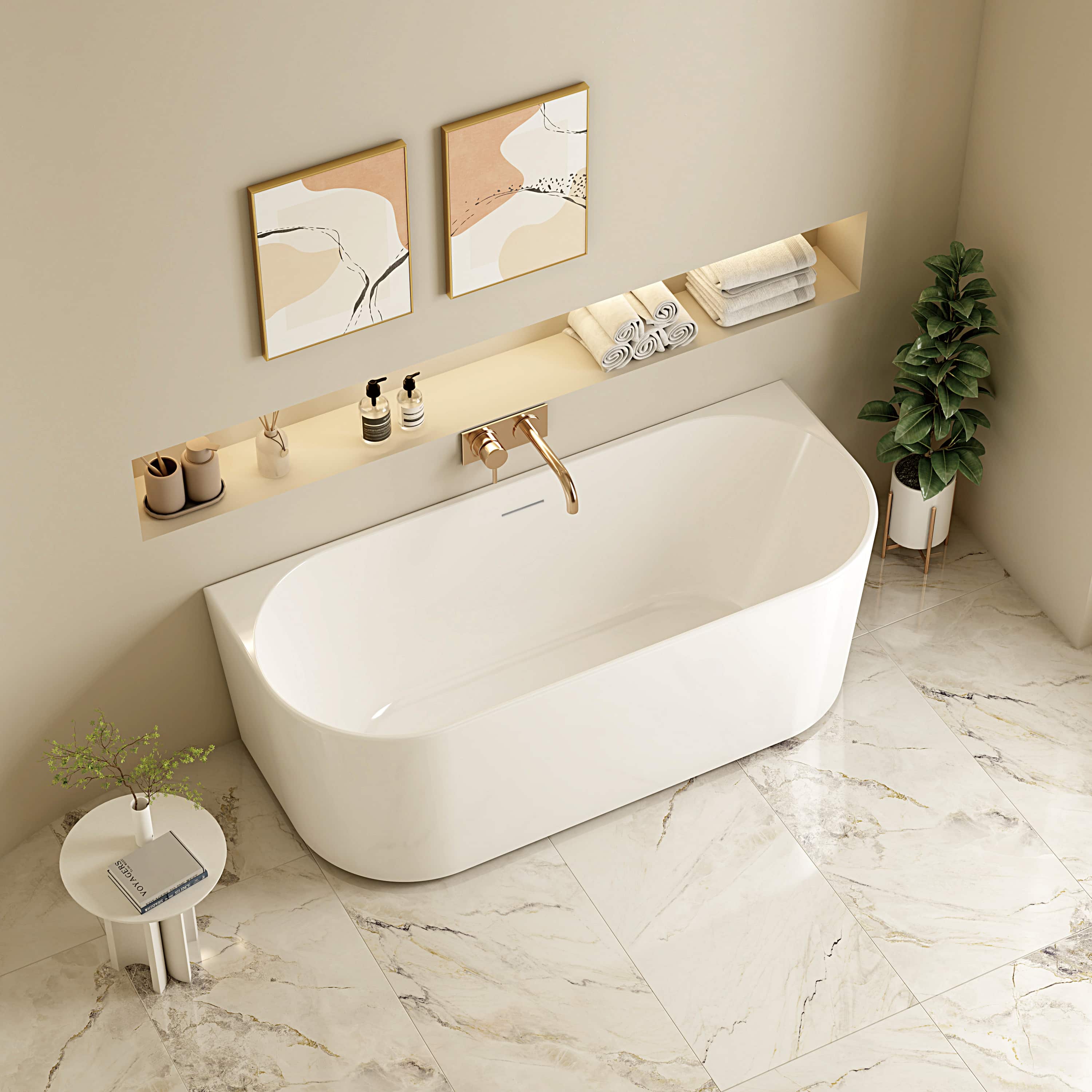 Musen Ultra Thin Back-to-Wall Freestanding Bathtub - Gloss White