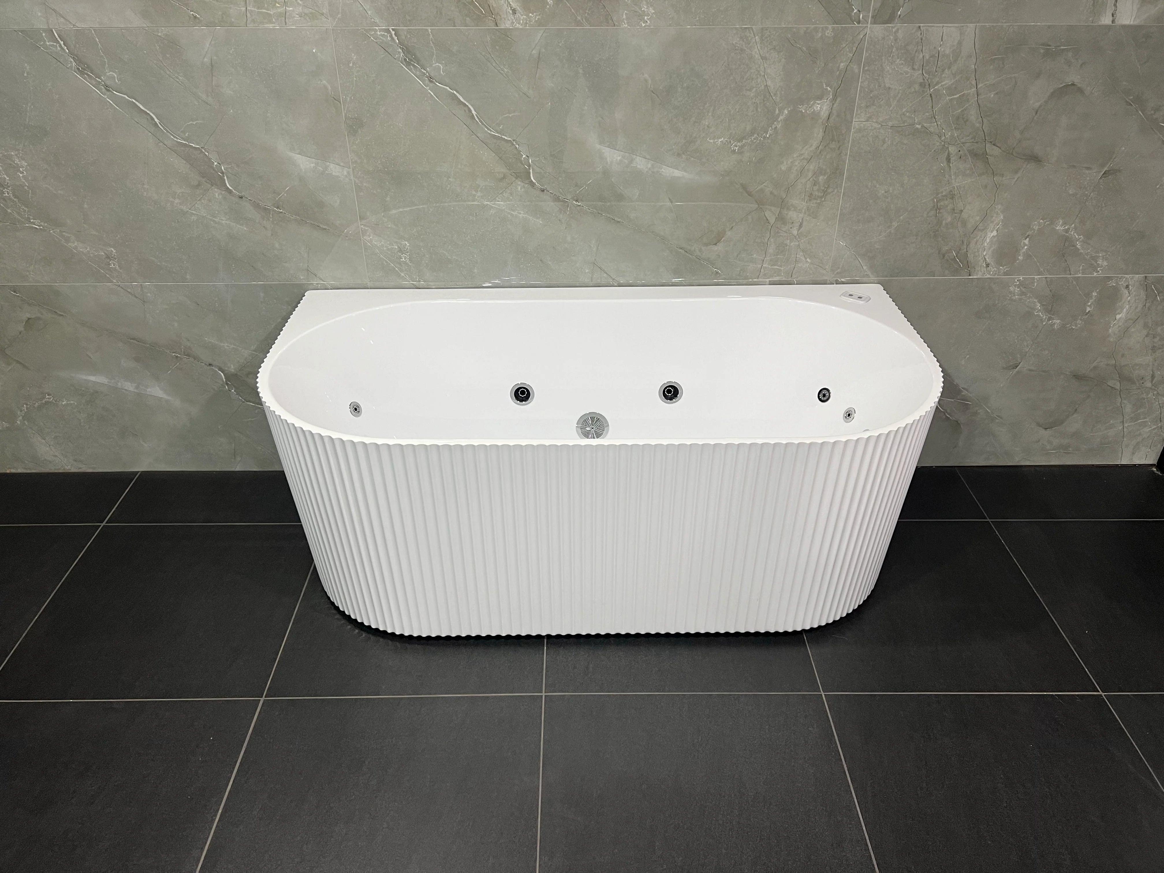Mallorca 1500/1700mm Gloss White/Black Fluted 10 Jets Back to Wall Freestanding Spa Bath - Living and Bathroom