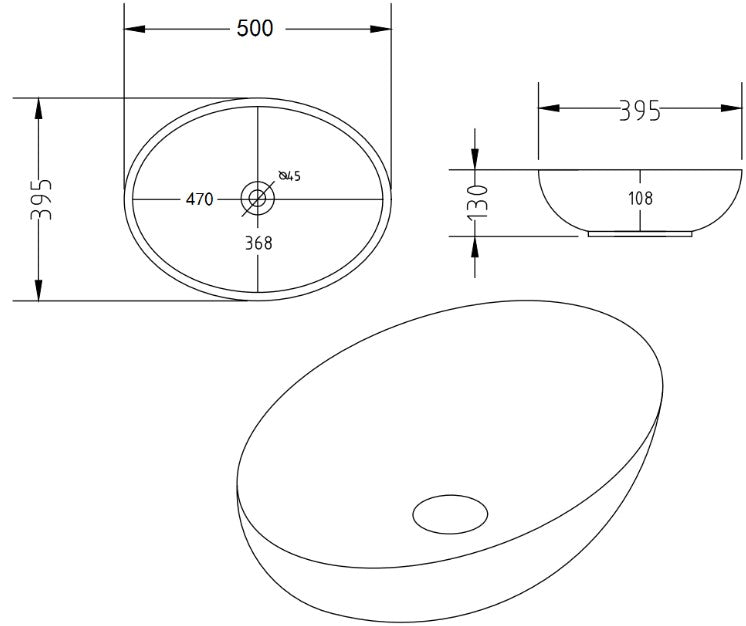Matte White Above Counter Basin – 500×390×130mm