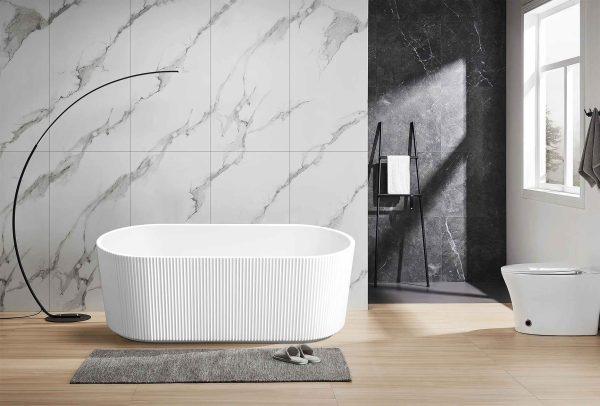 Rose 1500mm Fluted V-Groove Freestanding Matt White Bathtub - Living and Bathroom