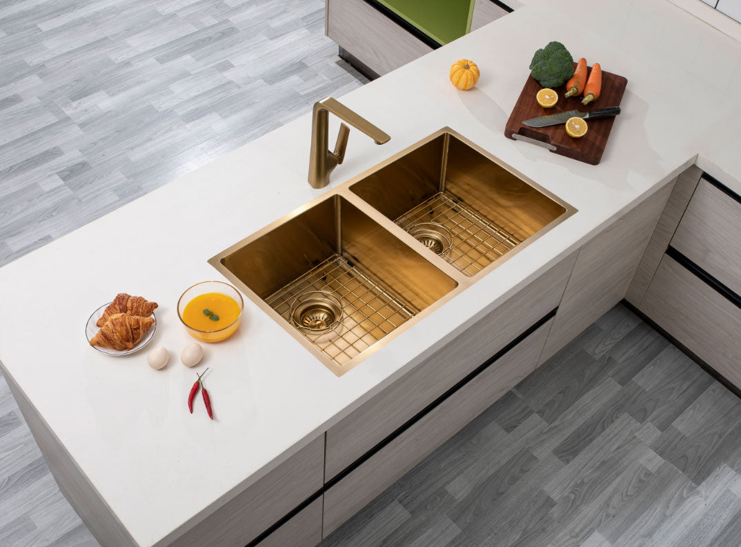 Round Corner Stainless Steel Brushed Brass PVD Coating Double Bowl Kitchen Sink(with Bottom Tray) 770*450*215mm