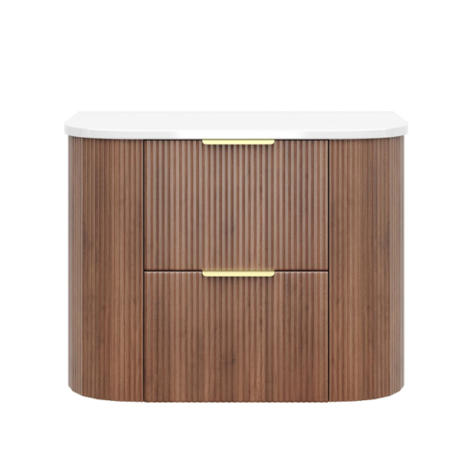 Artis PVC Fluted Curved Waterproof Double Drawer Wall Hung Bathroom Vanity Prime Oak