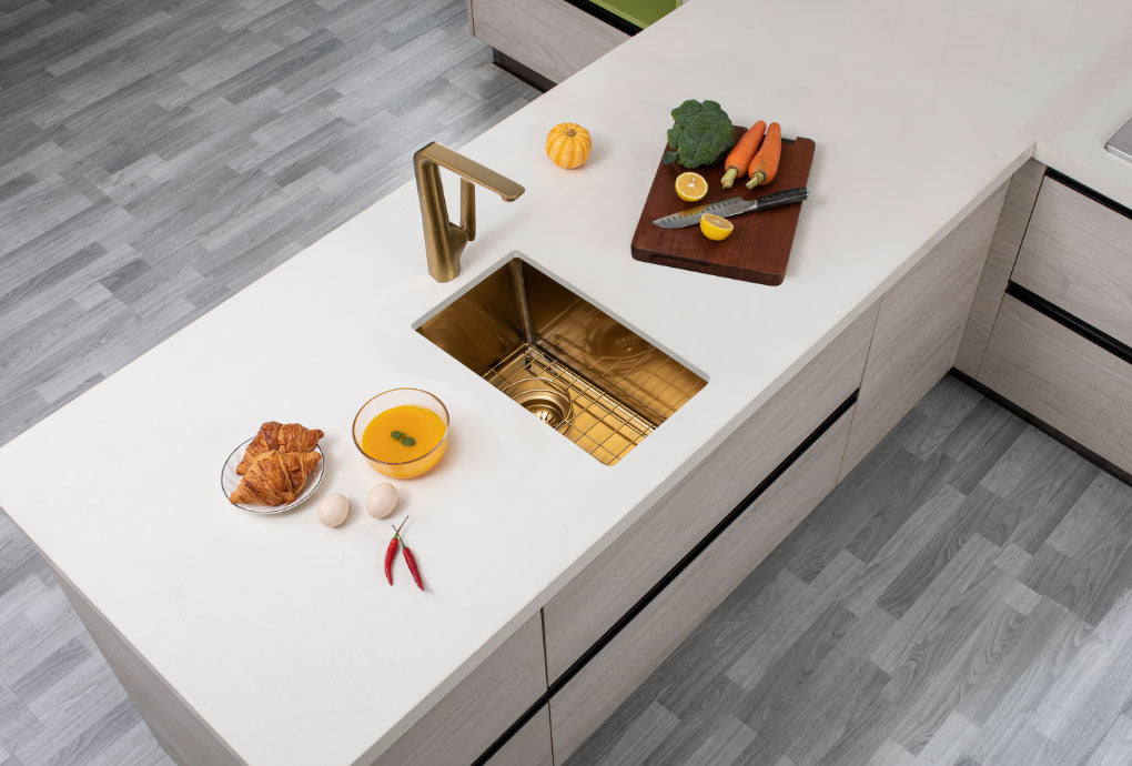 Round Corner Stainless Steel Brushed Brass PVD Coating Single Bowl Kitchen Sink(with Bottom Tray) 250*450*215mm