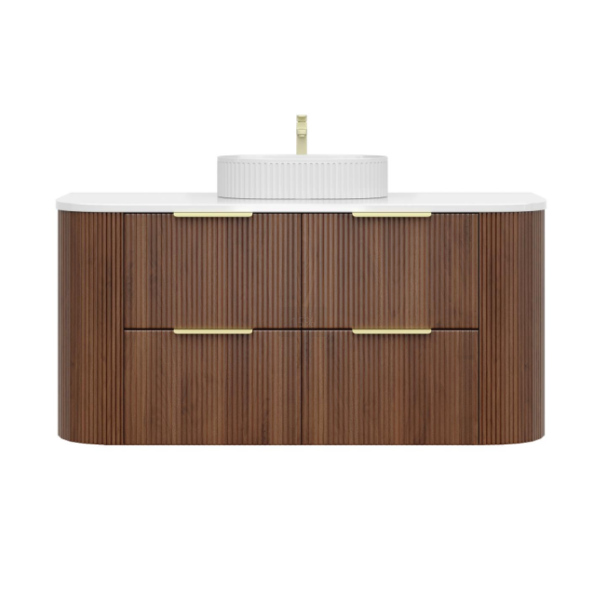Artis PVC Fluted Curved Waterproof Double Drawer Wall Hung Bathroom Vanity Walnut
