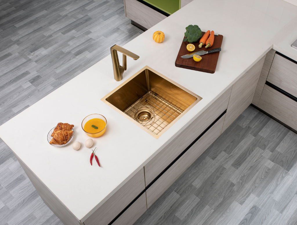 Round Corner Stainless Steel Brushed Brass PVD Coating Single Bowl Kitchen Sink(with Bottom Tray) 390*450*215mm