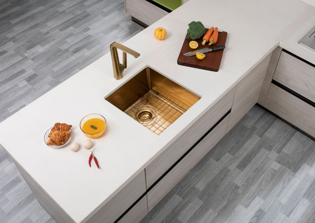 Round Corner Stainless Steel Brushed Brass PVD Coating Single Bowl Kitchen Sink(with Bottom Tray) 390*450*215mm