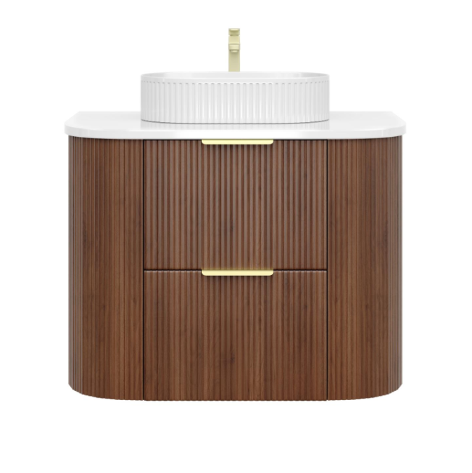 Artis PVC Fluted Curved Waterproof Double Drawer Wall Hung Bathroom Vanity Walnut
