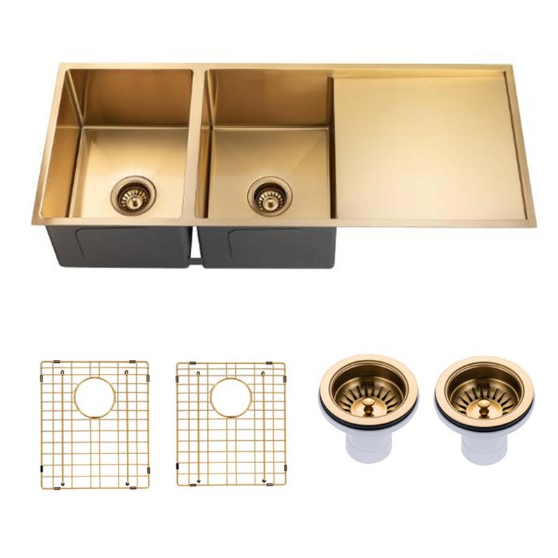 Round Corner Stainless Steel Gun Metal Grey PVD Coating Double Bowl with Drain Board Kitchen Sink(with Bottom Tray) 1160*460*230mm