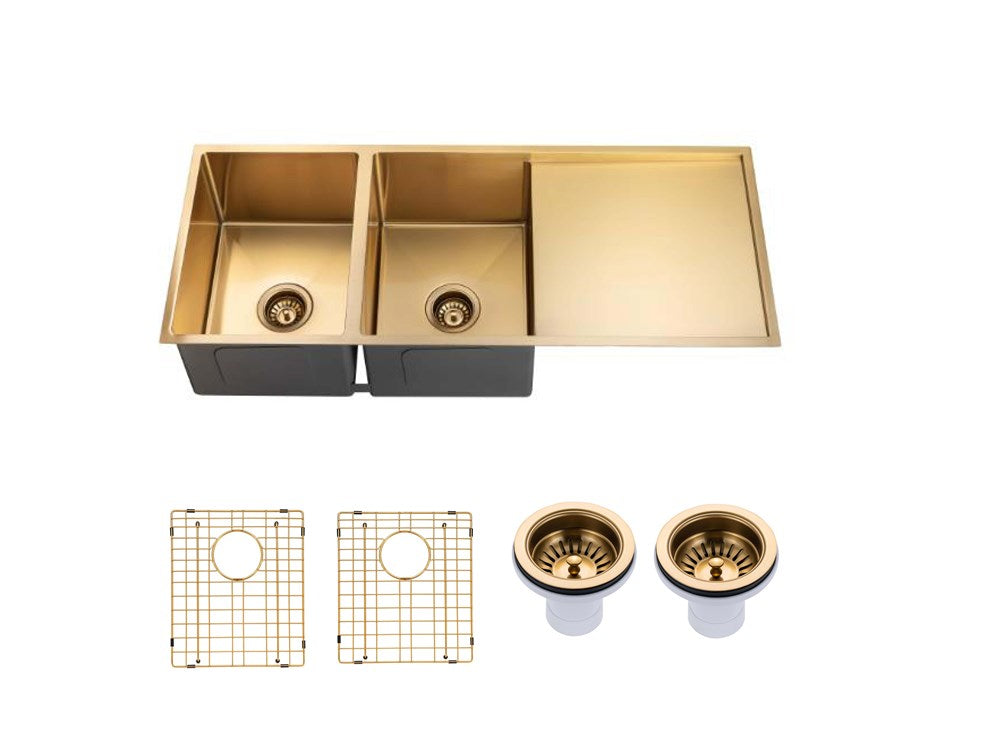 Round Corner Stainless Steel Gun Metal Grey PVD Coating Double Bowl with Drain Board Kitchen Sink(with Bottom Tray) 1160*460*230mm
