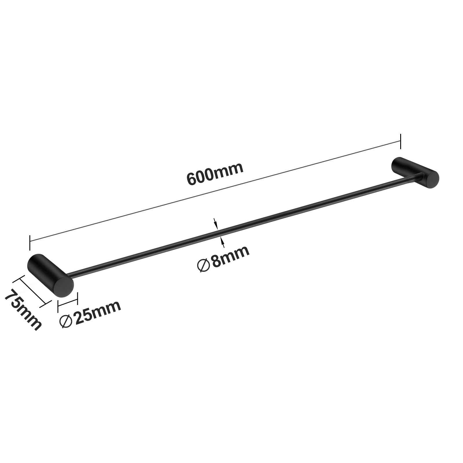 Black Single Towel Rail 600mm