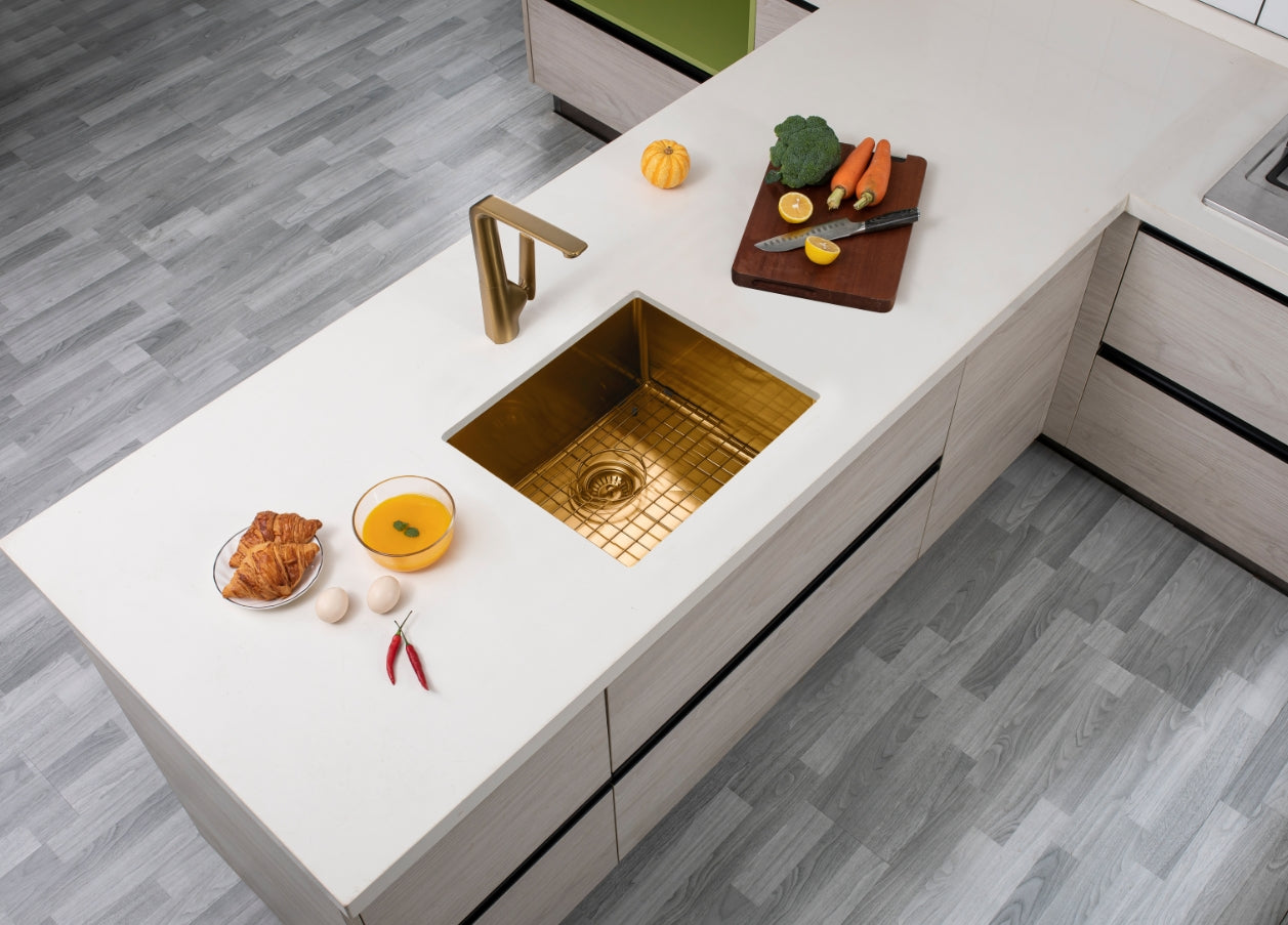 Round Corner Stainless Steel Brushed Brass PVD Coating Single Bowl Kitchen Sink(with Bottom Tray) 500*440*230mm