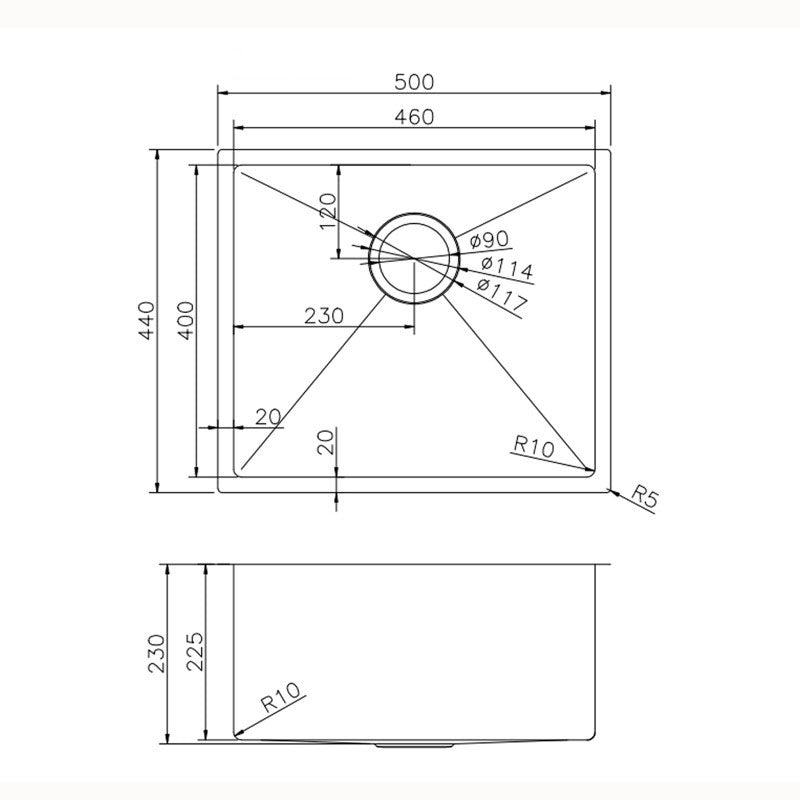 Round Corner Stainless Steel Brushed Brass PVD Coating Single Bowl Kitchen Sink(with Bottom Tray) 500*440*230mm
