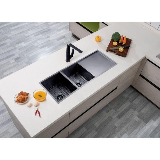 304 Stainless Steel Gun Metal Grey PVD Coating Double Bowl Kitchen Sink with Drainer(Round Edges,with Bottom Tray)1160*460*230mm - Living and Bathroom