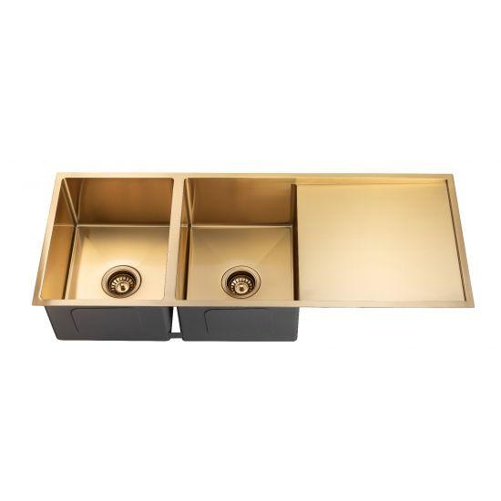 304 Stainless Steel Brushed Gold PVD Coating Double Bowl Kitchen Sink with Drainer(Round Edges,with Bottom Tray)1160*460*230mm - Living and Bathroom