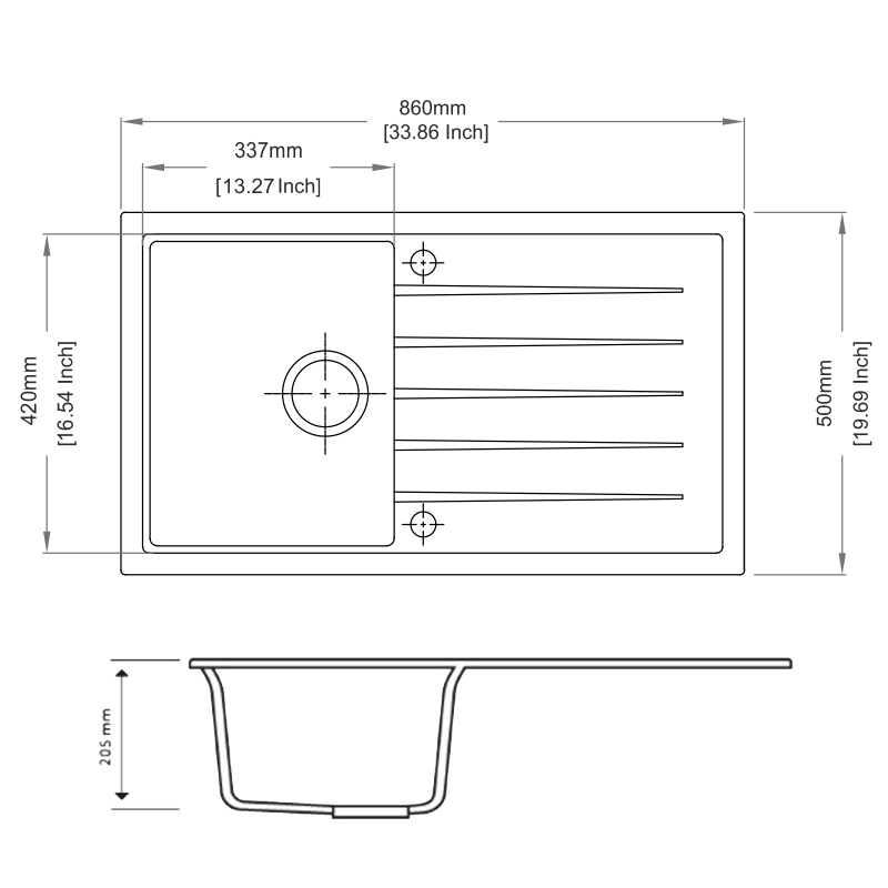 Concrete Grey Carysil Vivaldi D-100 Granite Single Bowl with Drain Board Stone Kitchen Sink 860*500mm