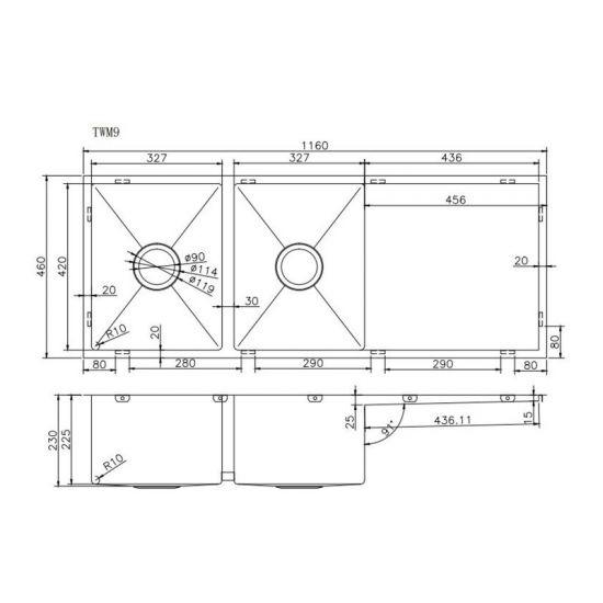 304 Stainless Steel Brushed Gold PVD Coating Double Bowl Kitchen Sink with Drainer(Round Edges,with Bottom Tray)1160*460*230mm - Living and Bathroom