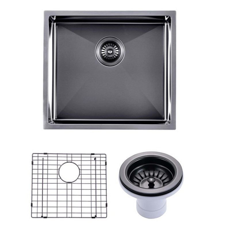 Round Corner Stainless Steel Gun Metal Grey PVD Coating Single Bowl Kitchen Sink(with Bottom Tray) 500*440*230mm
