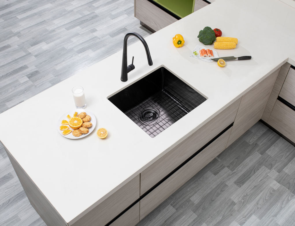 Round Corner Stainless Steel Gun Metal Grey PVD Coating Single Bowl Kitchen Sink(with Bottom Tray) 500*440*230mm
