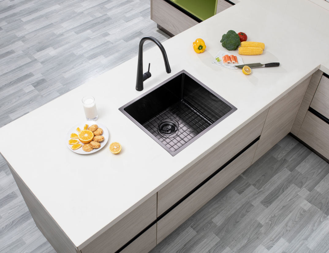 Round Corner Stainless Steel Gun Metal Grey PVD Coating Single Bowl Kitchen Sink(with Bottom Tray) 500*440*230mm